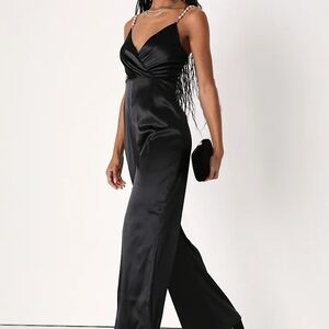Lulus Chic Black Satin Jumpsuit